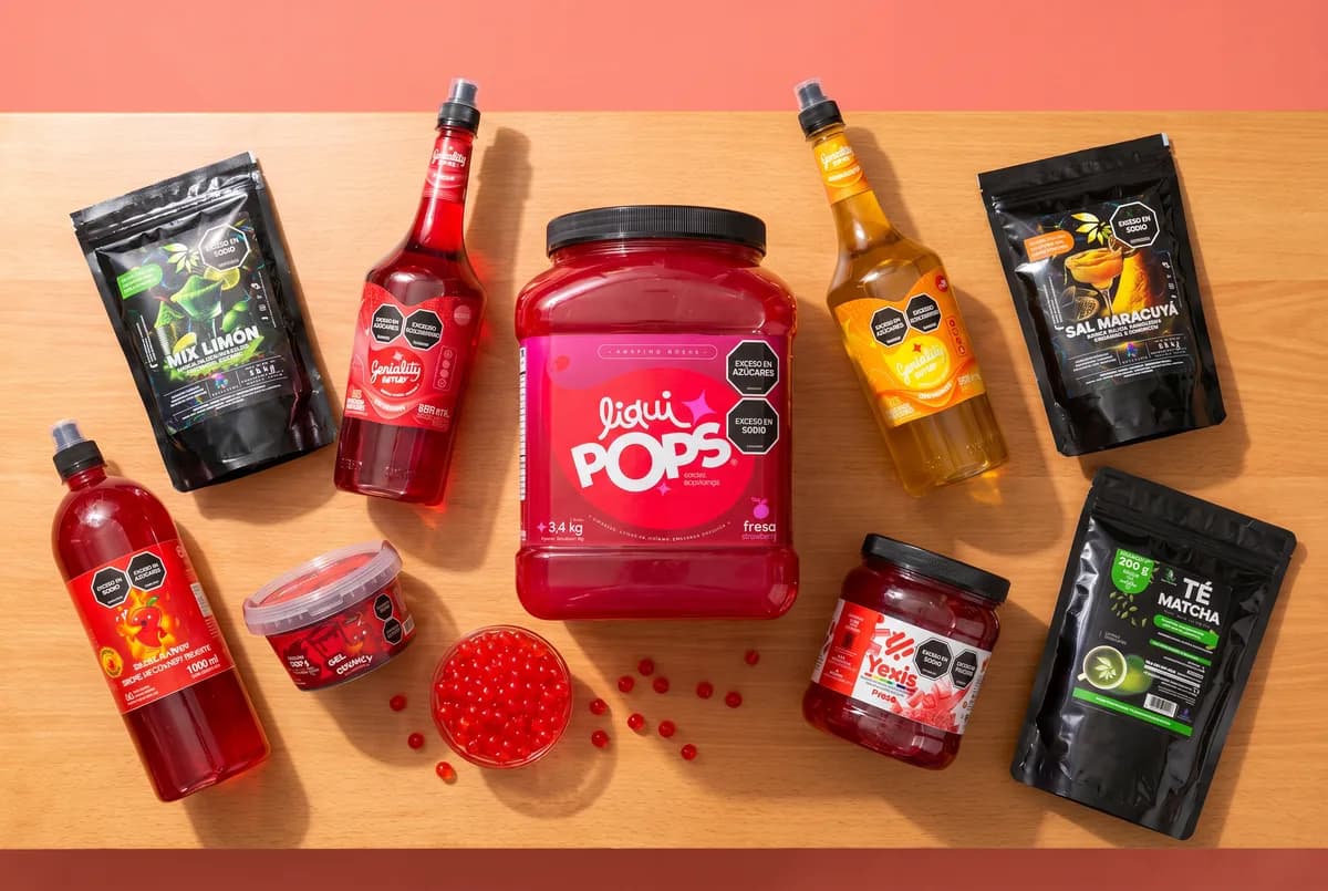 Surtido de perlas explosivas LiquiPops sabor fresa con siropes, mezclas en polvo y te matcha del ecosistema