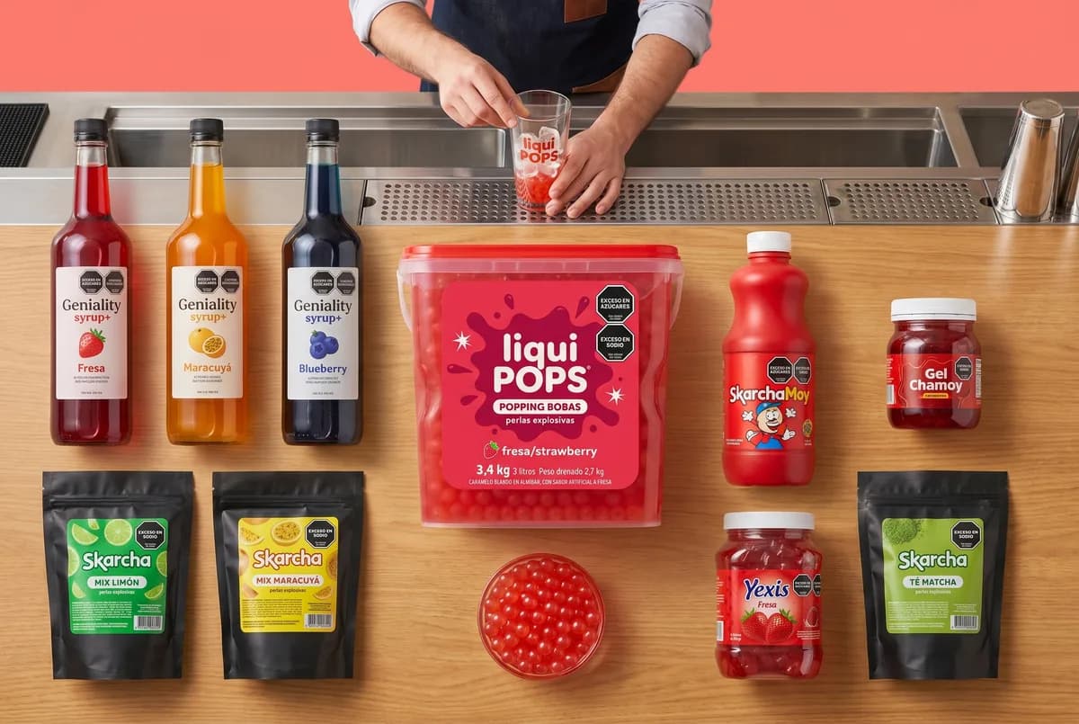 Kit con perlas explosivas LiquiPops sabor fresa, siropes Geniality, Skarcha, Yexis y gel chamoy en barra