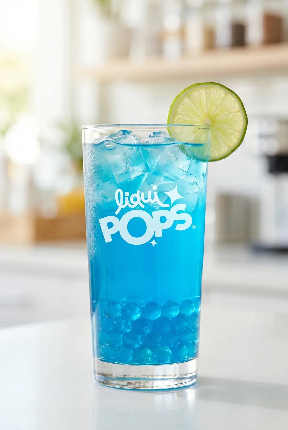 Limonada azul con perlas explosivas azules LiquiPops — vaso alto con hielo y rodaja de limón en cocina luminosa