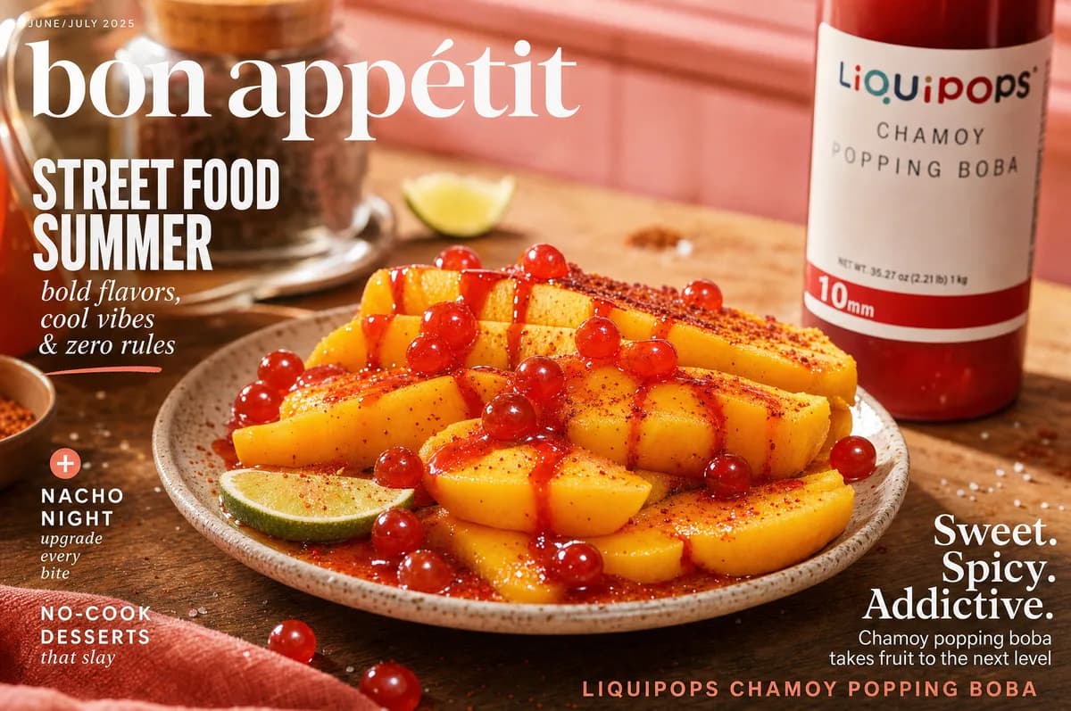Mango con chamoy LiquiPops, limón y perlas explosivas rojas estilo street food — botana picante con topping