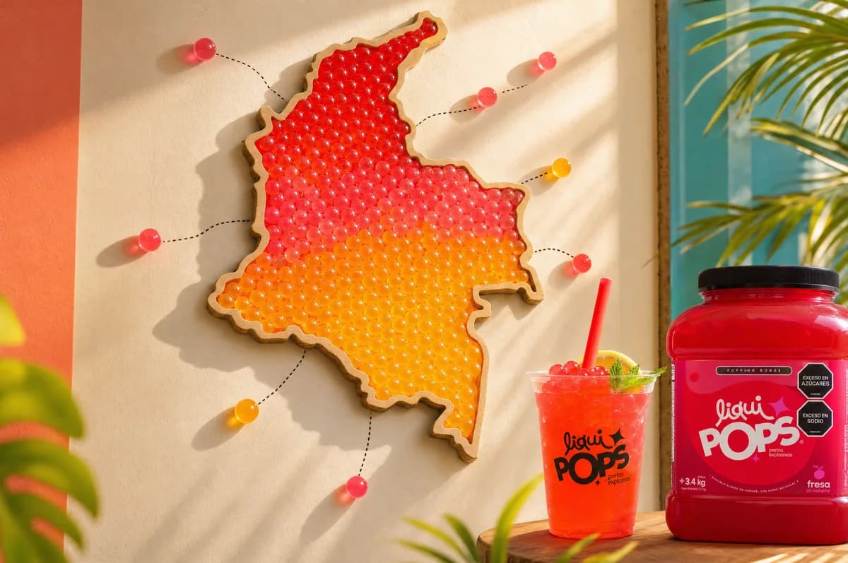 Mapa de Colombia formado con perlas explosivas rojas, rosas y naranjas LiquiPops sobre la pared, junto a una soda roja con perlas y el tarro sabor fresa — perlas explosivas fabricadas en Colombia