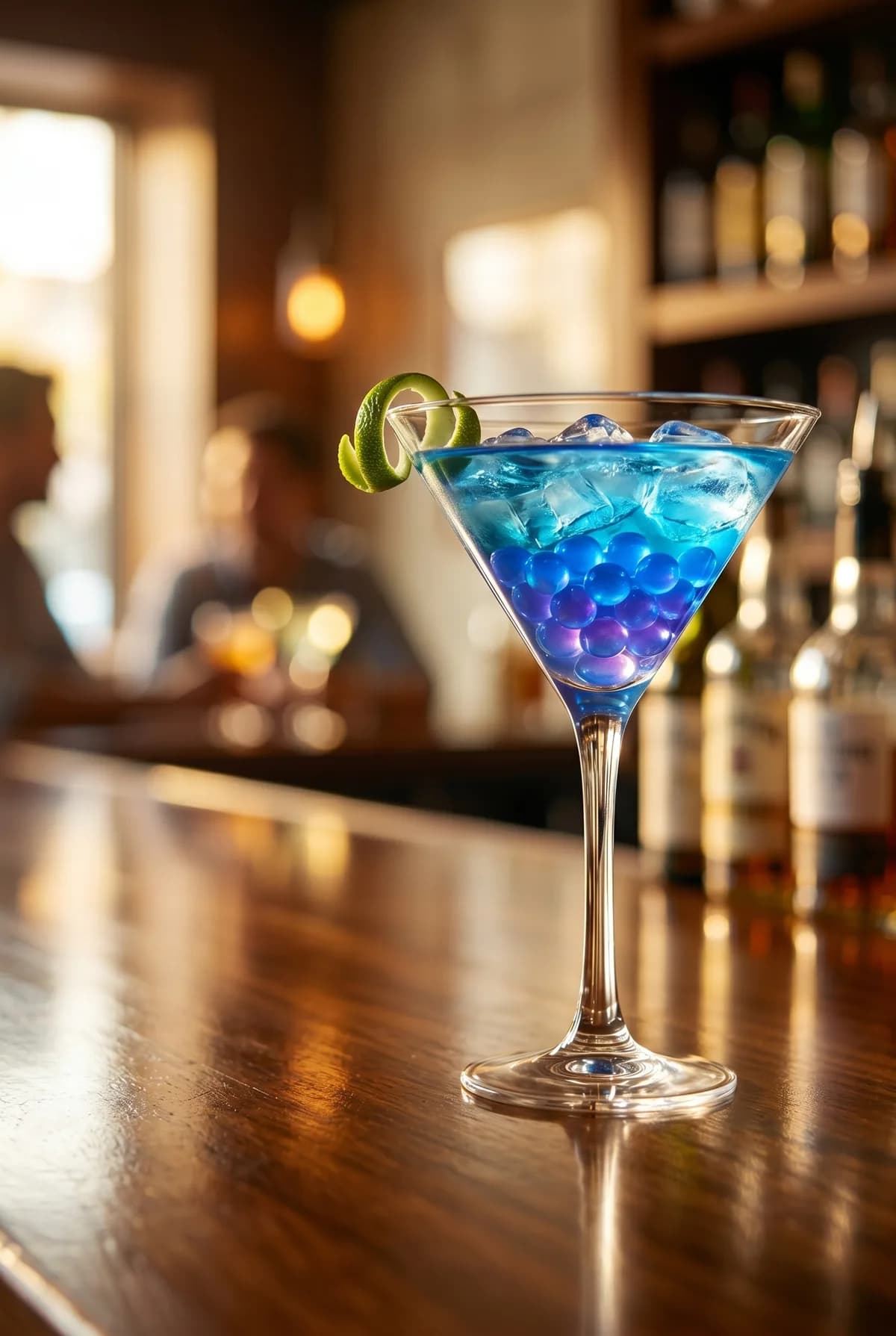 Cóctel azul tipo martini con hielo, espiral de limón y perlas explosivas azul-violeta LiquiPops en copa martini