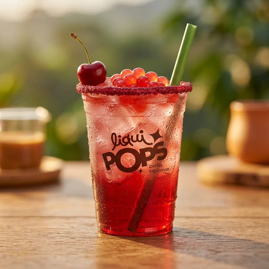 Michelada de cereza con perlas explosivas de fresa LiquiPops — vaso con escarcha roja y cereza en un entorno natural