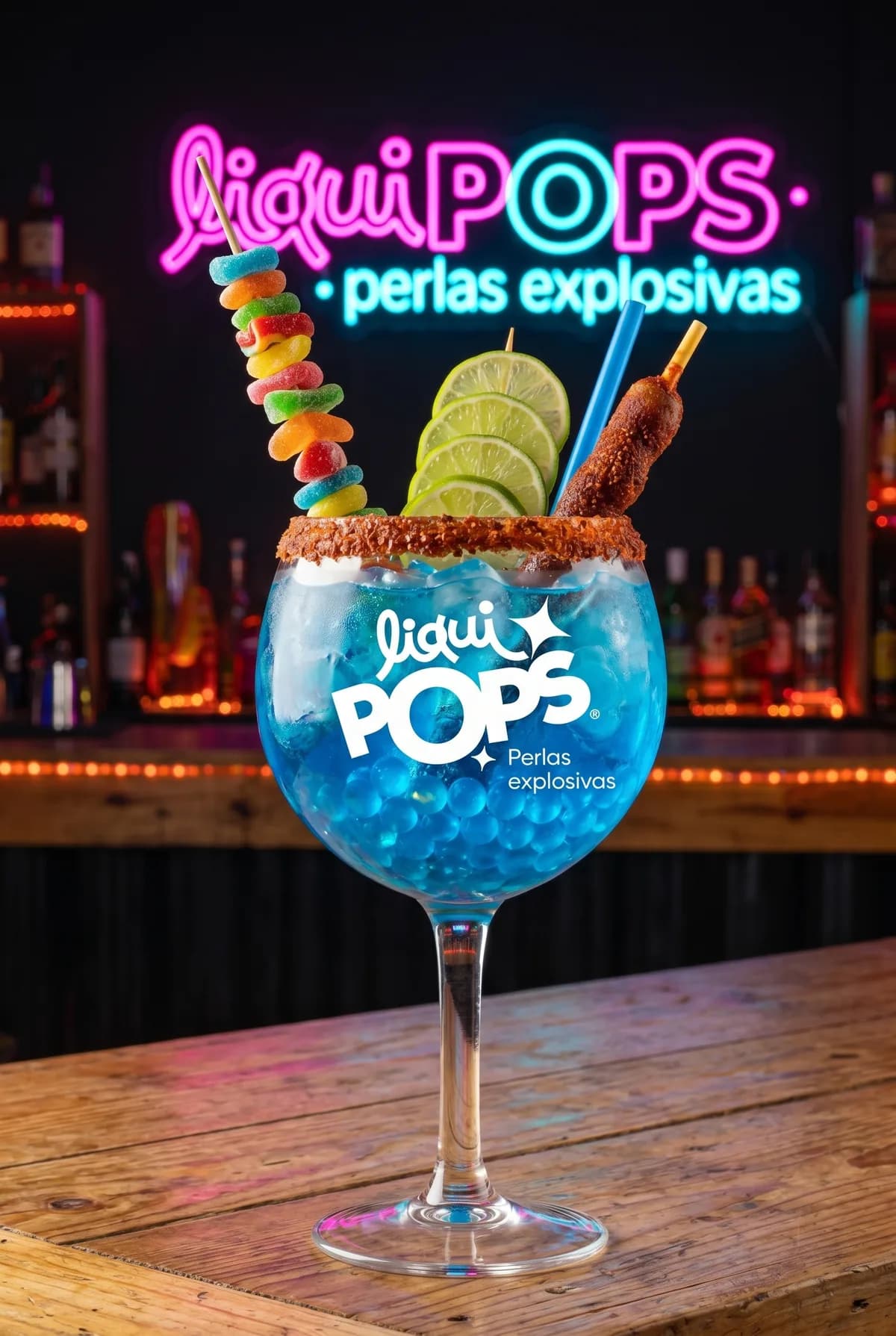 Michelada azul en copa con perlas explosivas azules LiquiPops, brocheta de gomitas y tamarindo — ambiente de bar con letrero neon