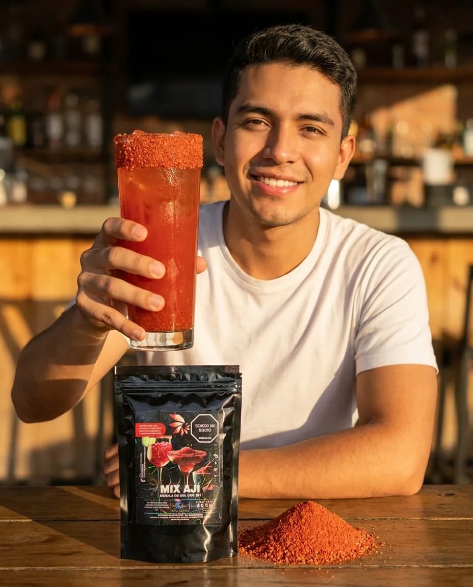 Persona sosteniendo una michelada de frutos rojos con perlas explosivas LiquiPops y escarchador mix ají en un bar