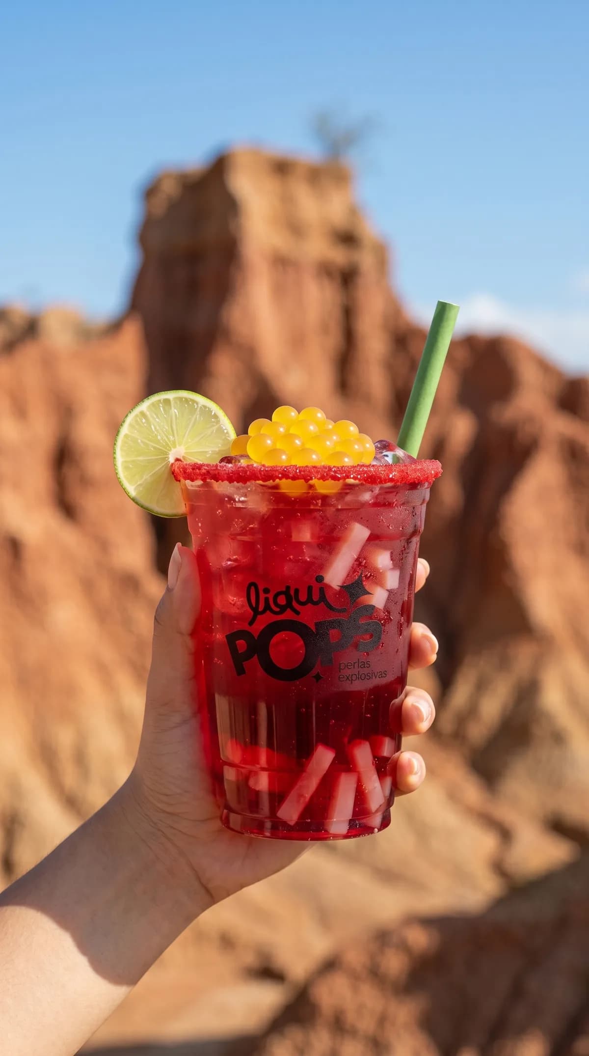 Michelada de frutos rojos con perlas explosivas de mango LiquiPops, escarchado rojo y rodaja de limon, frente a un desierto rojizo