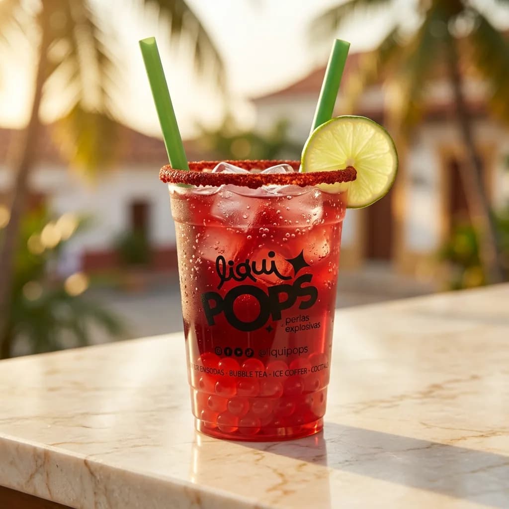 Michelada roja de frutos rojos con perlas explosivas LiquiPops, escarchada con chile y rodaja de limon