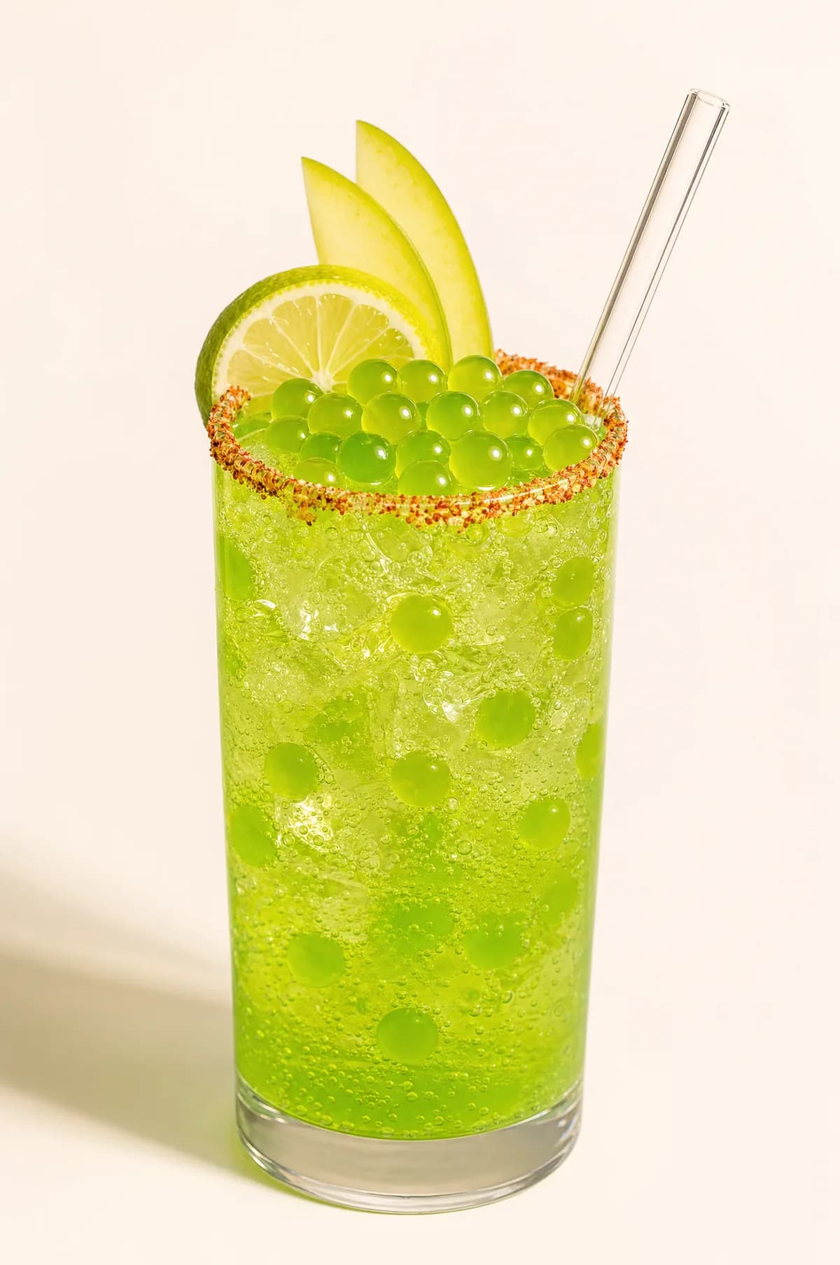Michelada de manzana verde con perlas explosivas LiquiPops y escarcha de chile en el borde — vaso con limón y manzana