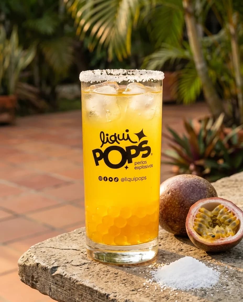 Michelada de maracuya con perlas explosivas amarillas LiquiPops, borde de sal y maracuya fresca, en patio tropical