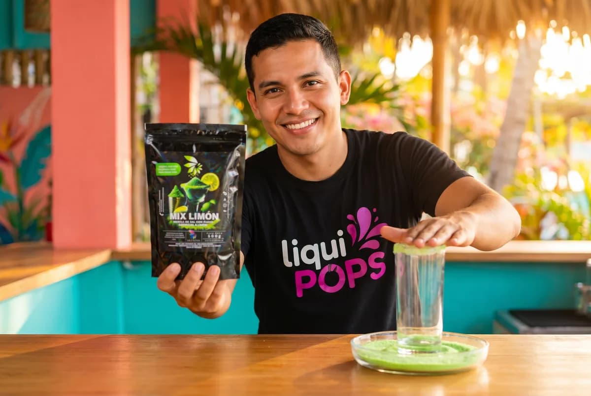 Bartender LiquiPops muestra la bolsa Mix Limón mientras escarcha un vaso con sal de limón en bar tropical — presentación del producto