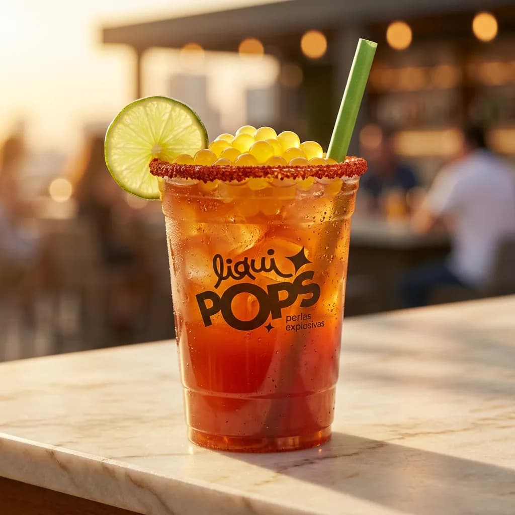 Michelada de tamarindo con perlas explosivas amarillas LiquiPops — vaso con escarcha de chile y limón en una terraza al atardecer