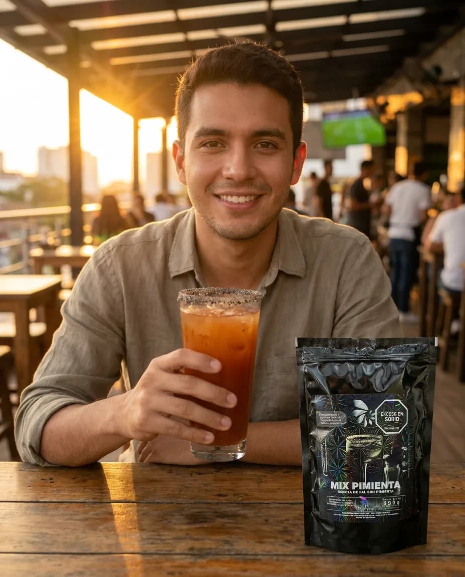 Persona disfrutando una michelada de tamarindo con perlas explosivas LiquiPops y escarchador de mix pimienta en un bar al atardecer
