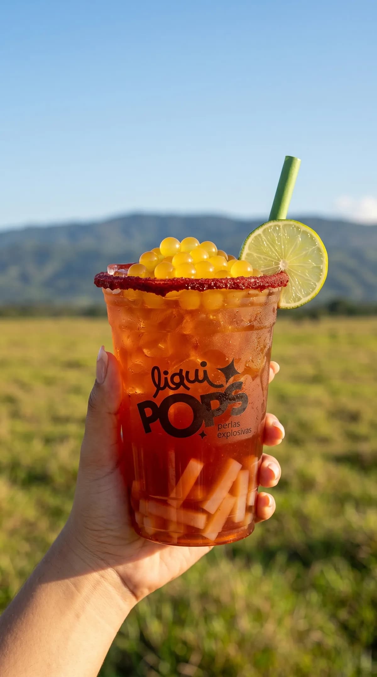 Michelada de tamarindo con perlas explosivas de mango LiquiPops, escarchado rojo y trozos de fruta, en un campo verde