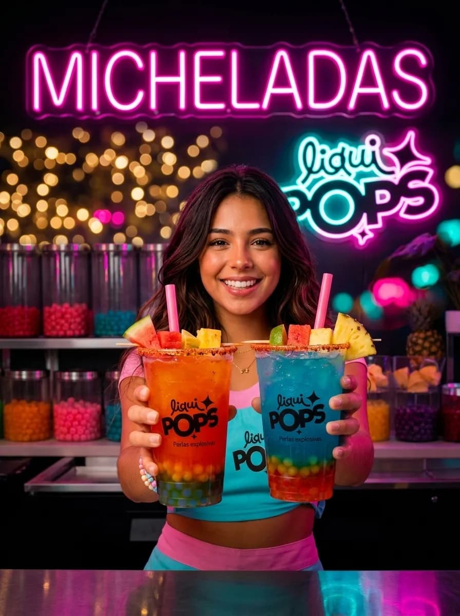 Micheladas frutales en rojo y azul con perlas explosivas LiquiPops — dos vasos escarchados con fruta fresca bajo neón
