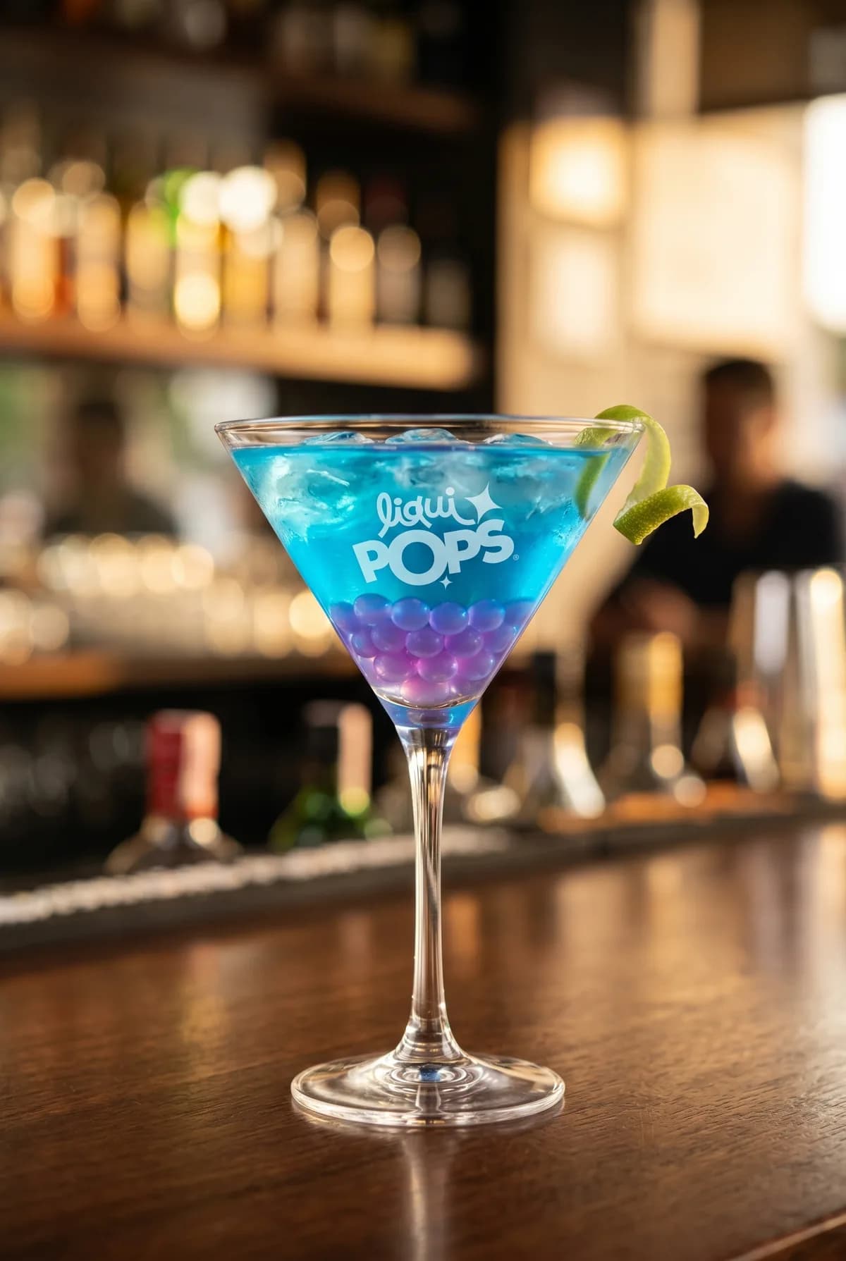 Mojito clásico con perlas explosivas blancas LiquiPops, menta, lima y hielo — vaso alto sobre barra de madera