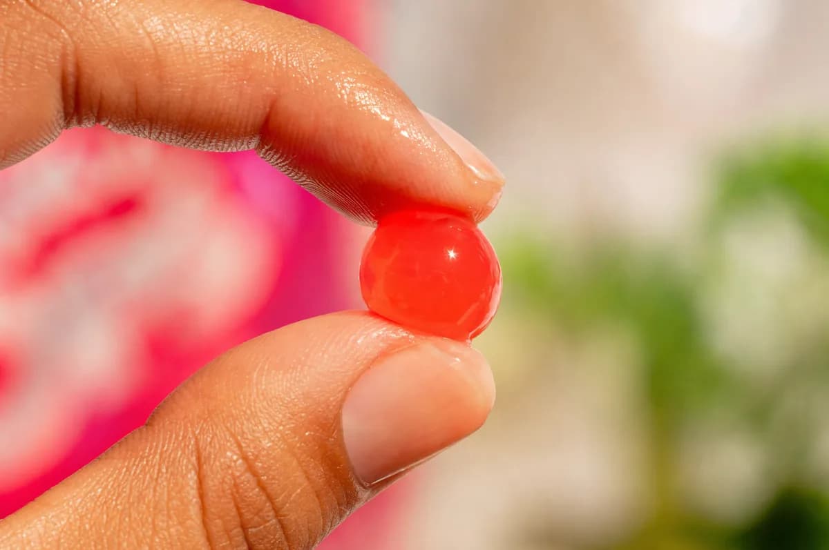 Primer plano de una perla explosiva roja de fresa LiquiPops sostenida entre dos dedos, mostrando su textura traslúcida sobre fondo rosa desenfocado