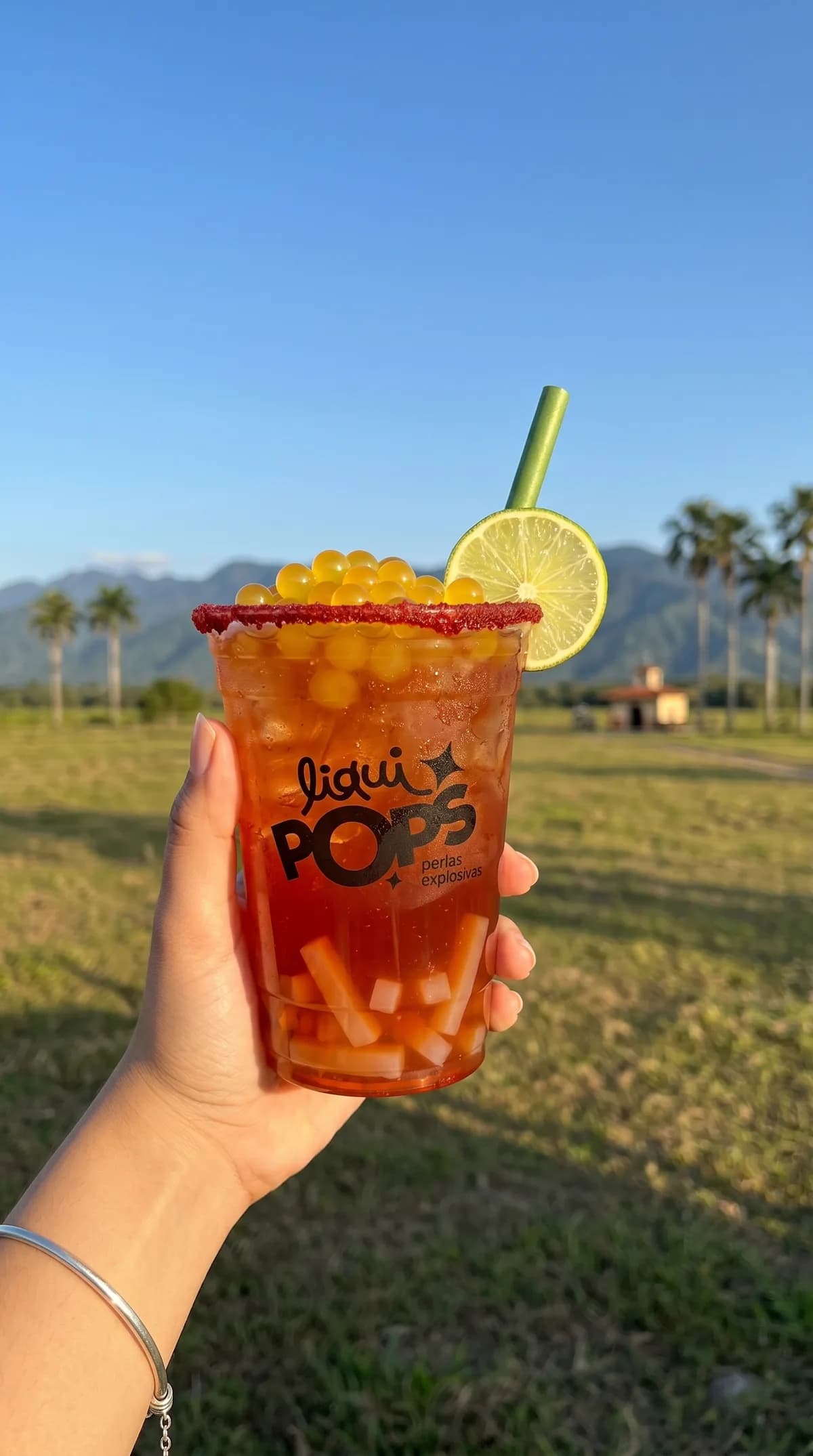 Vaso de bubble tea con perlas explosivas · sabor cereza