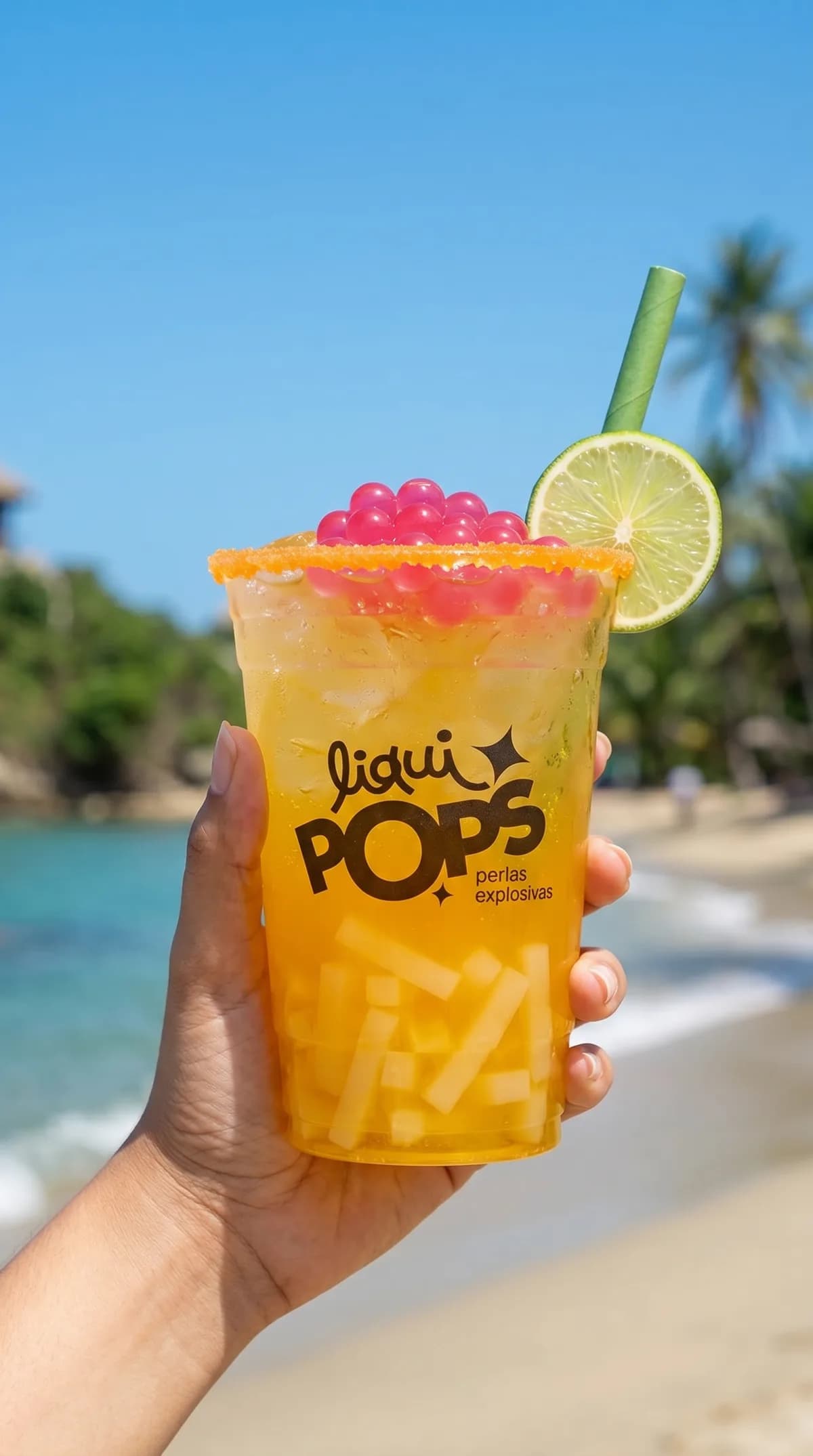Bubble tea con popping boba (perlas explosivas) · sabor cereza