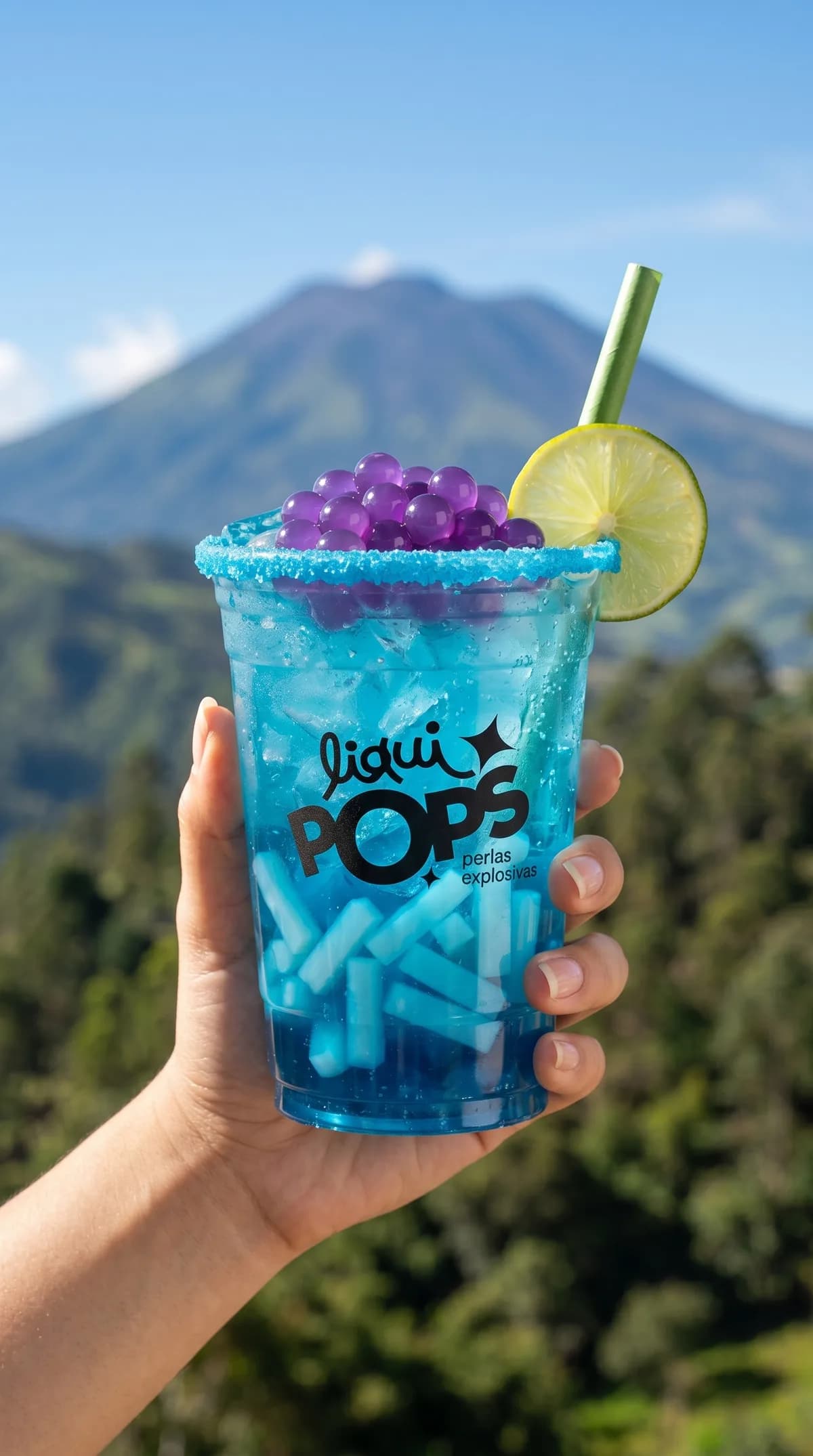 Vaso de bubble tea con perlas explosivas · sabor mora azul