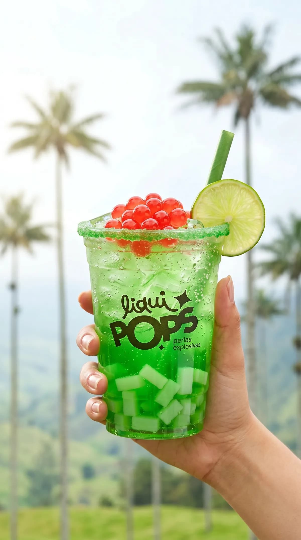 Vaso de bubble tea con perlas explosivas · con sirope de sabores
