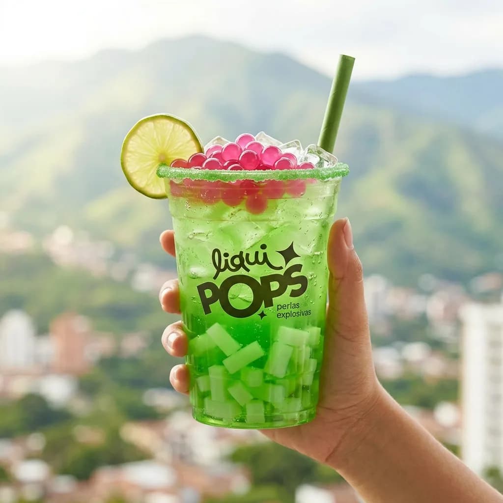 Bubble tea con popping boba (perlas explosivas) · sabor mora azul, sabor tamarindo