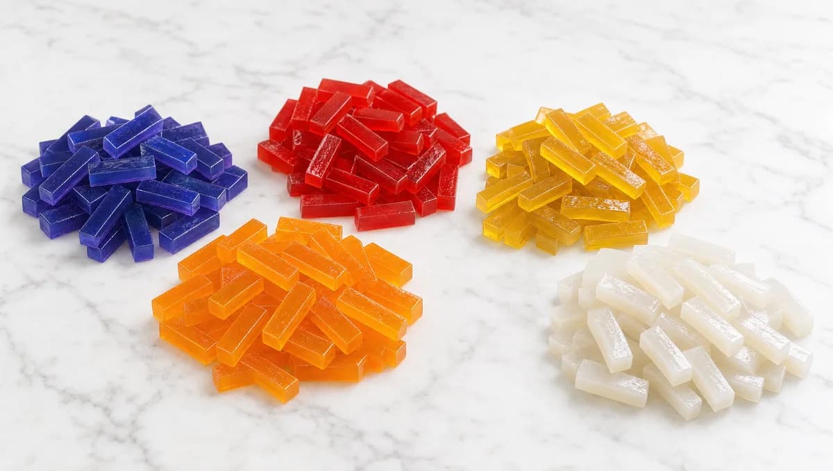 Montones de perlas explosivas (jellys) de colores azul, rojo, naranja, amarillo y blanco LiquiPops sobre mármol — surtido de sabores