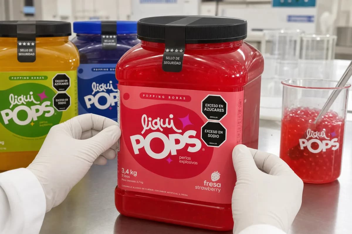 Tarro de perlas explosivas LiquiPops sabor fresa revisado con guantes en area de control de calidad