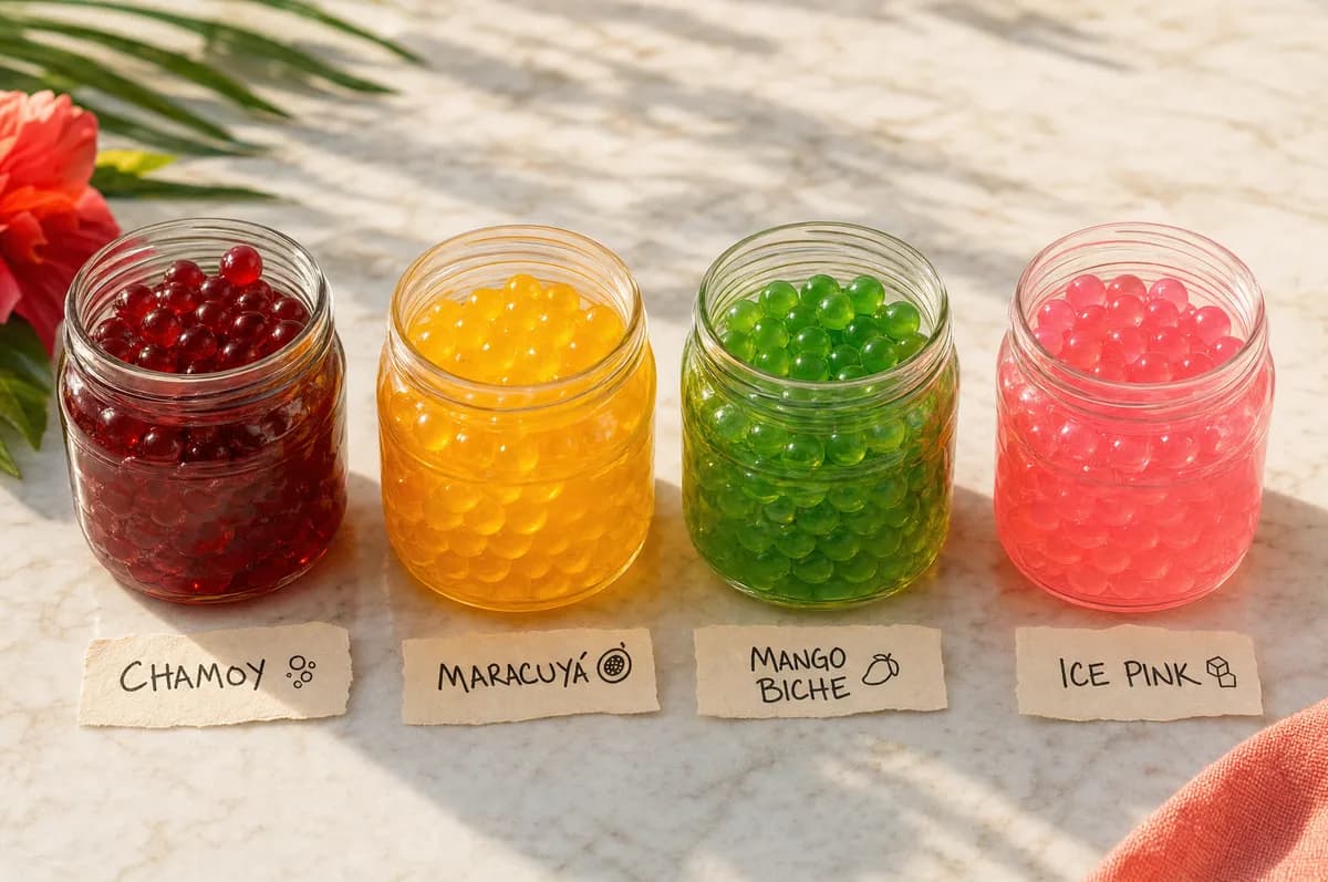 Frascos de perlas explosivas LiquiPops en sabores chamoy, maracuyá, mango biche e ice pink bajo luz natural