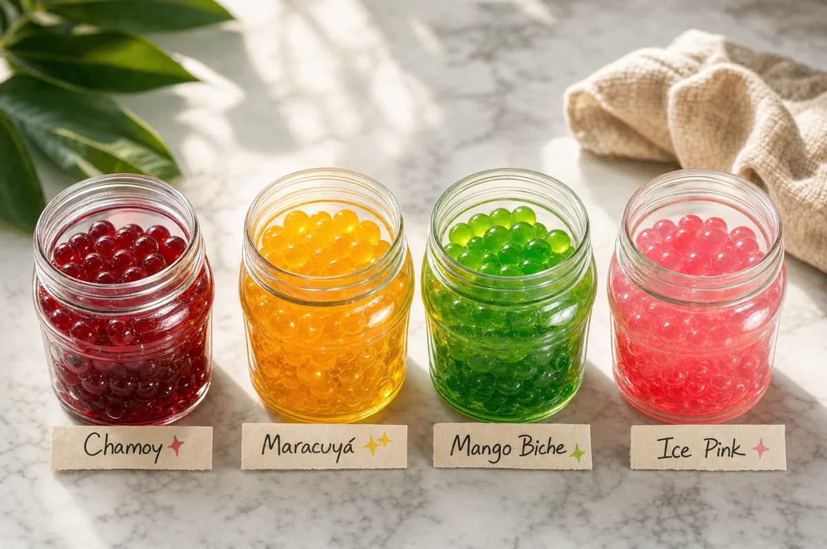 Tarros de vidrio con perlas explosivas LiquiPops en sabores chamoy, maracuyá, mango biche e ice pink sobre mármol