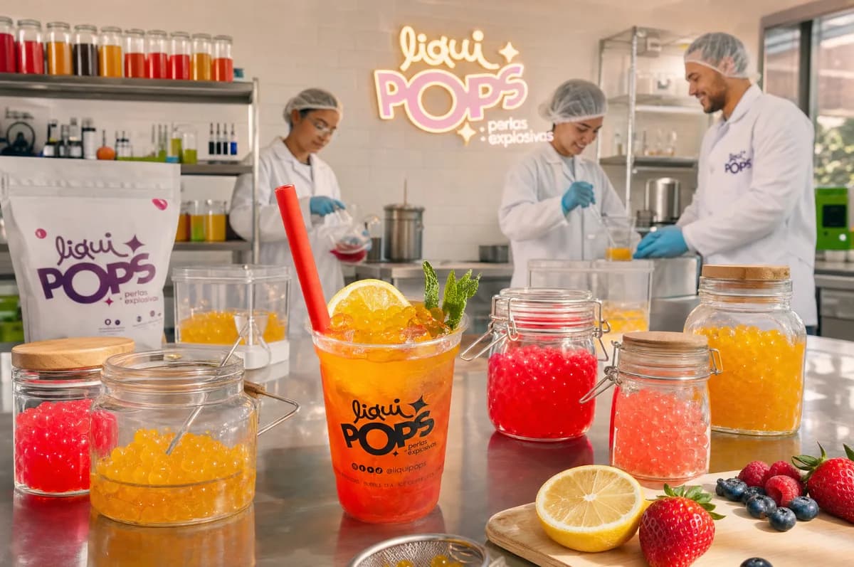Cocina de producción LiquiPops con soda loca de mango, perlas explosivas de varios sabores en frascos y fruta fresca — proceso artesanal