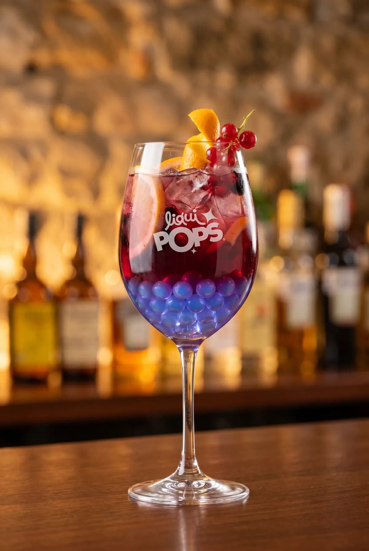 Copa de sangría con perlas explosivas azules LiquiPops, frutos rojos y twist de naranja — ambiente de bar cálido