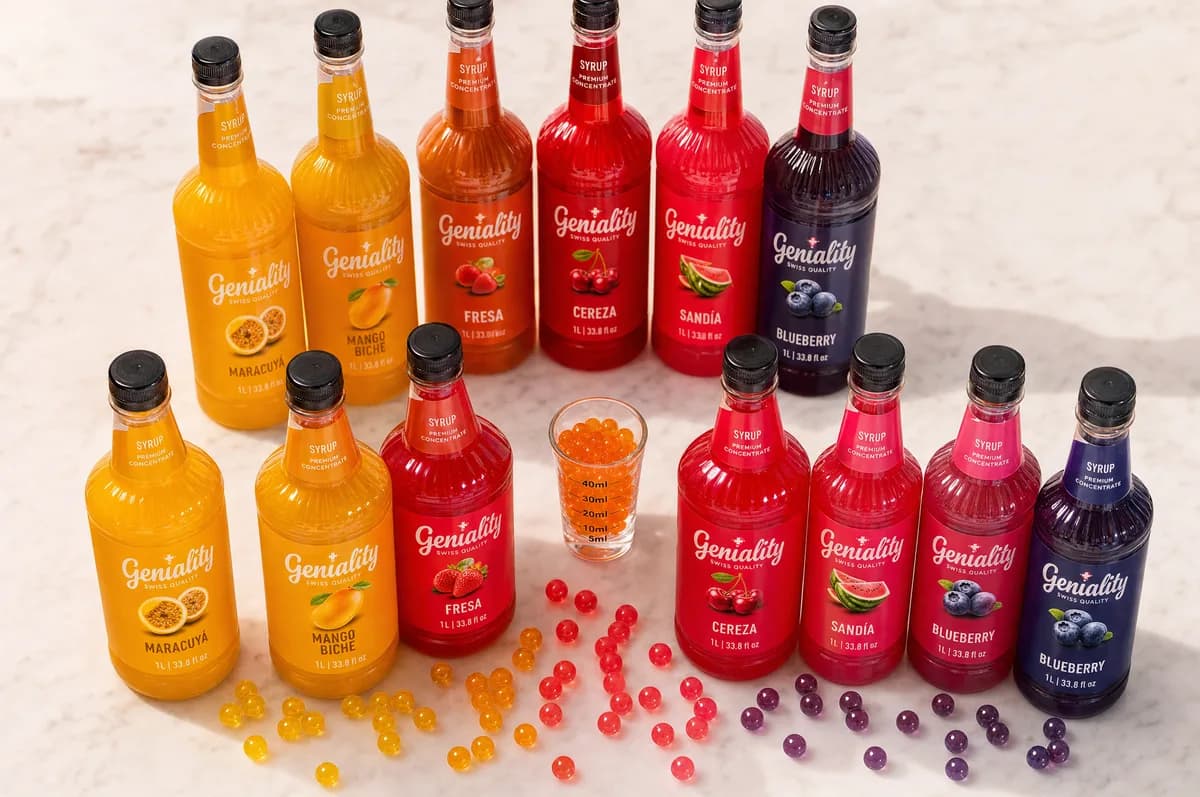 Botellas de sirope Geniality en maracuyá, mango, fresa, cereza, sandía y blueberry con perlas explosivas de colores LiquiPops
