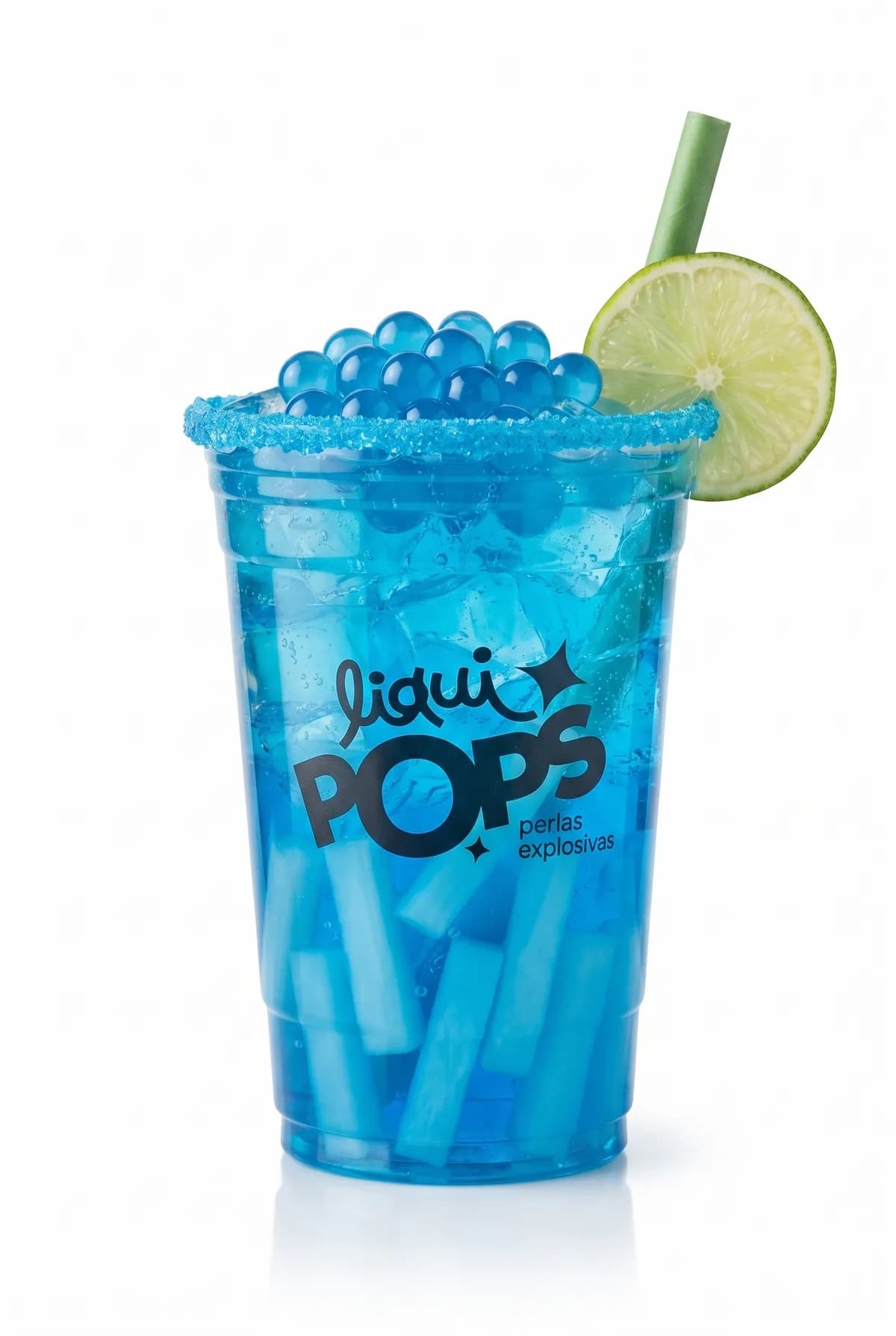 Soda azul tipo curazao con perlas explosivas azules LiquiPops, jelly y escarchado azul — vaso decorado con limon