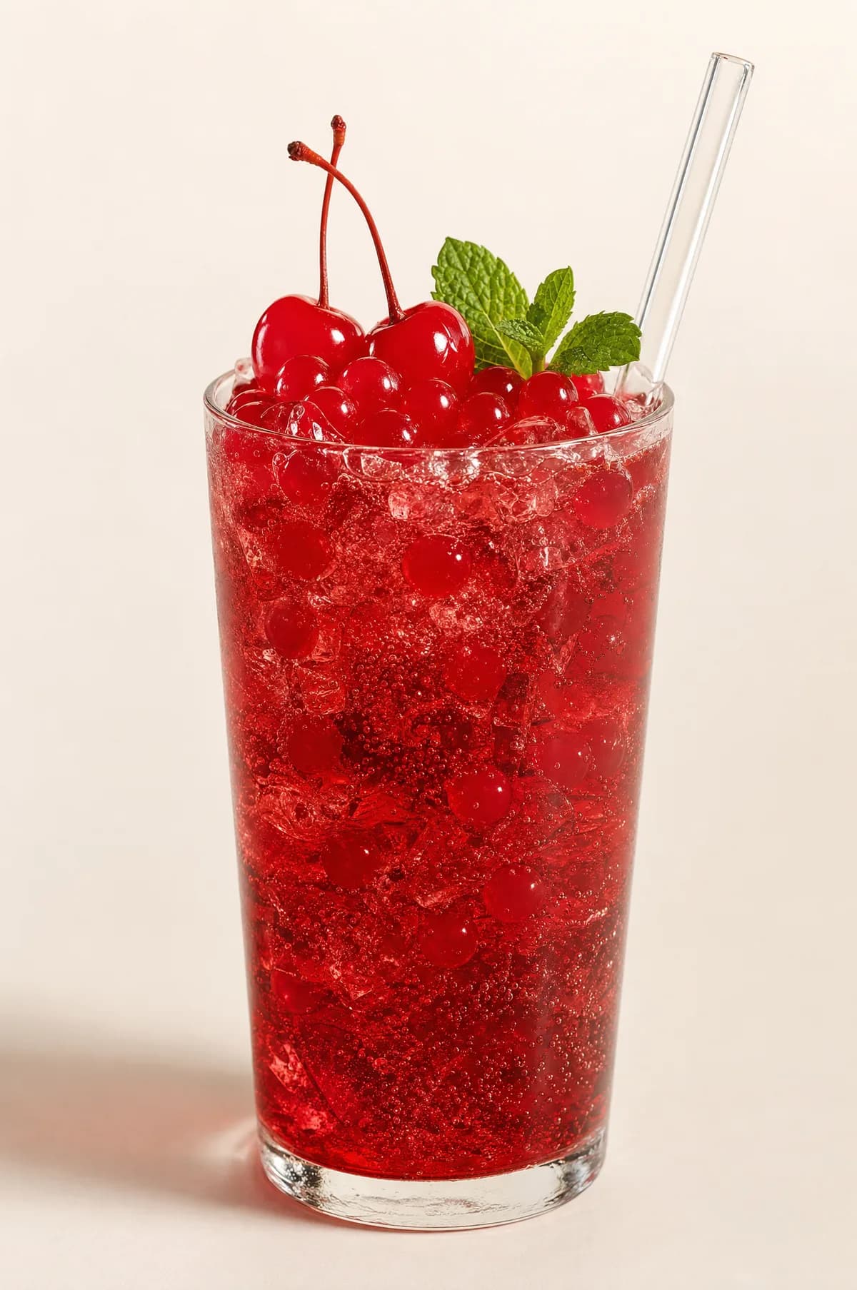 Soda roja de cereza con perlas explosivas LiquiPops — decorada con cerezas frescas y menta