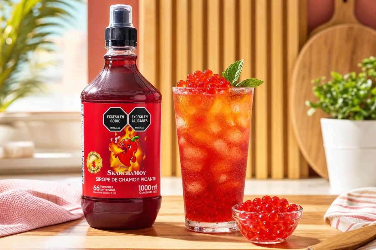 Soda roja con hielo coronada con perlas explosivas de fresa y perlas explosivas LiquiPops, junto a botella de sirope de chamoy Skarchamoy picante y bowl de perlas en cocina