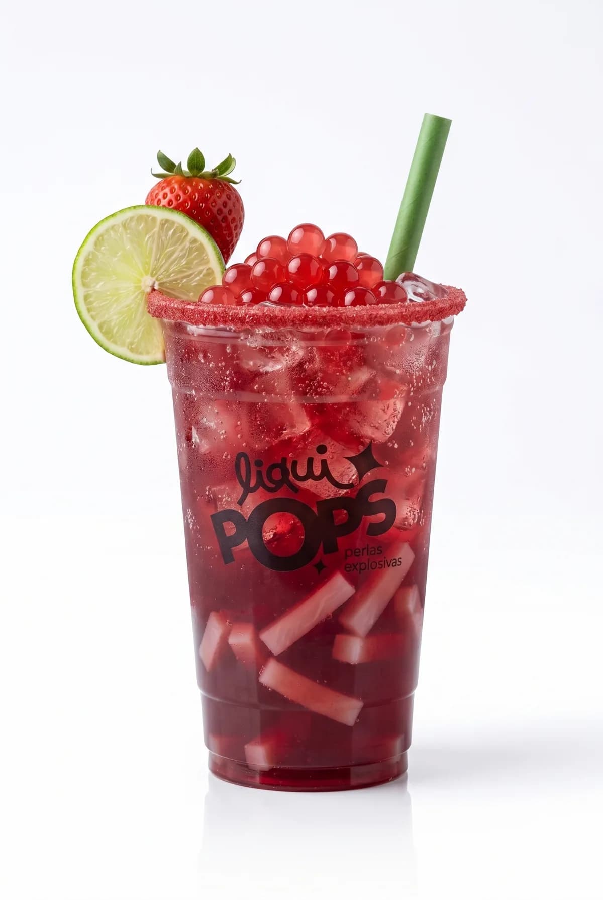 Soda de fresa cereza con perlas explosivas rojas LiquiPops, jelly y escarchado rojo — vaso decorado con fresa y limon