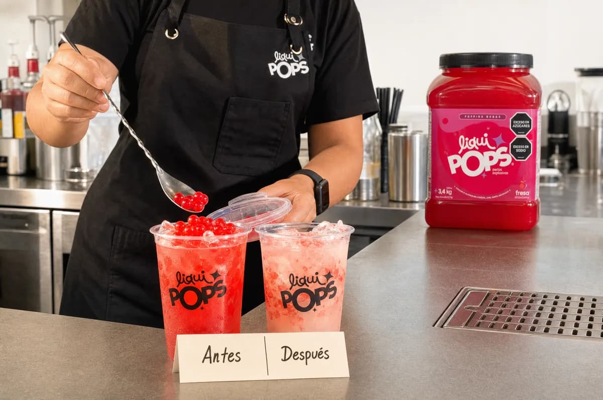 Barista sirve perlas explosivas de fresa LiquiPops en una soda mostrando el antes y después con el tarro al lado