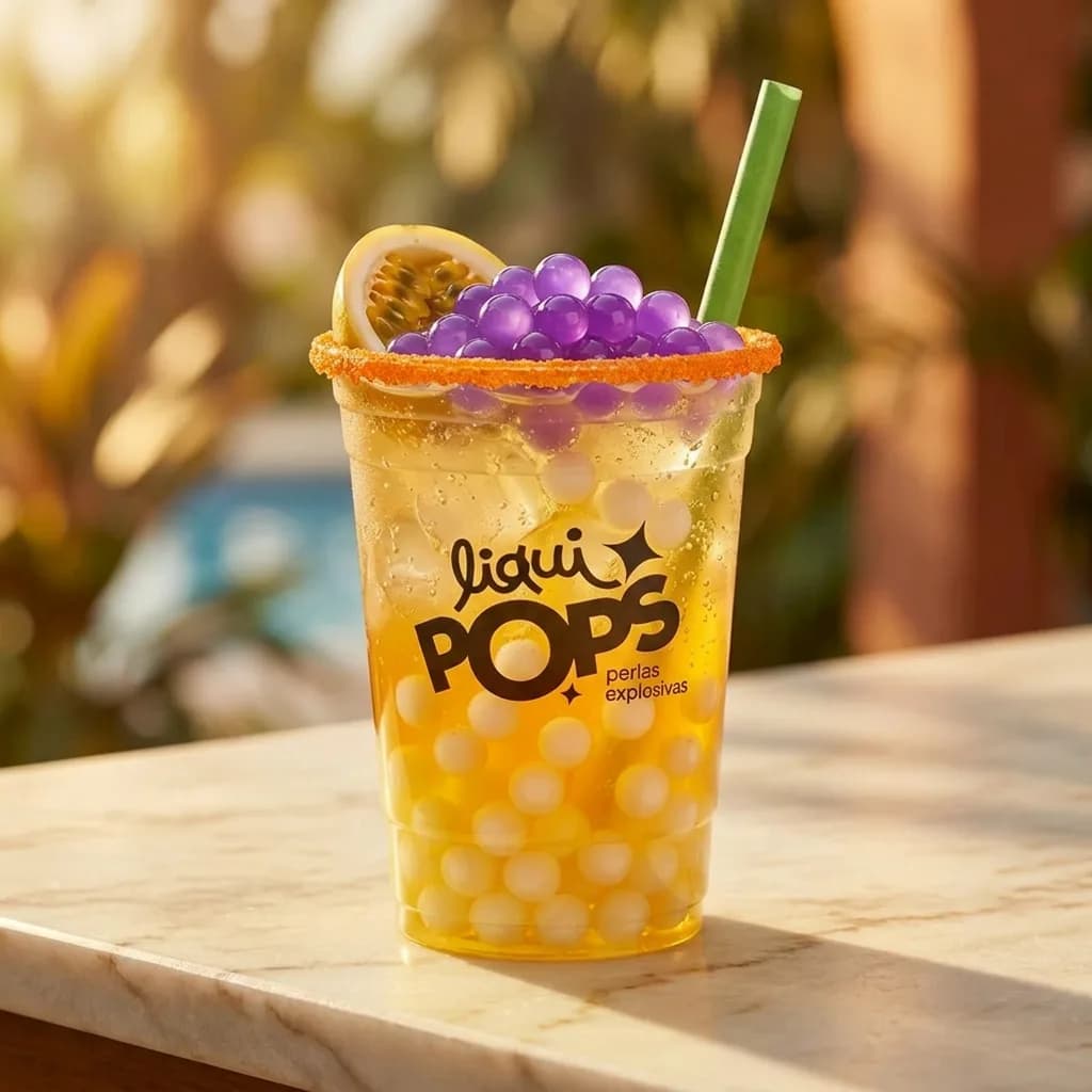 Soda loca amarilla de maracuyá con perlas explosivas moradas LiquiPops y perlas de coco — vaso escarchado con media maracuyá en jardín tropical