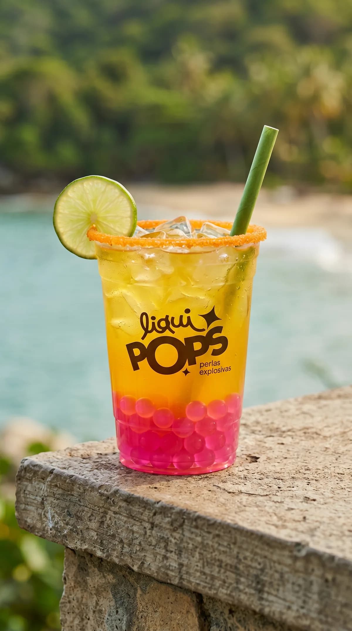 Soda loca degradada amarilla y fucsia con perlas explosivas de fresa LiquiPops y rodaja de limon, junto al mar