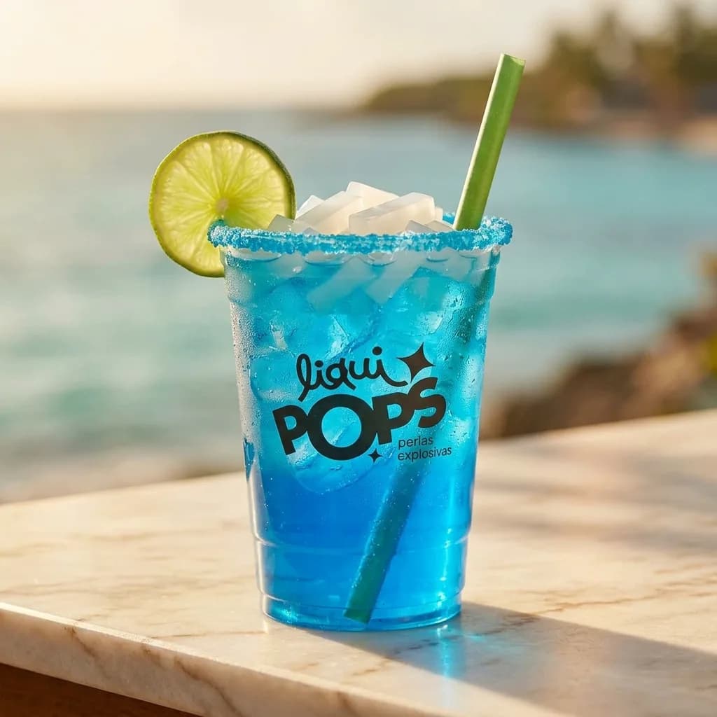 Soda loca azul de curazao con hielo, limon y perlas explosivas LiquiPops frente al mar