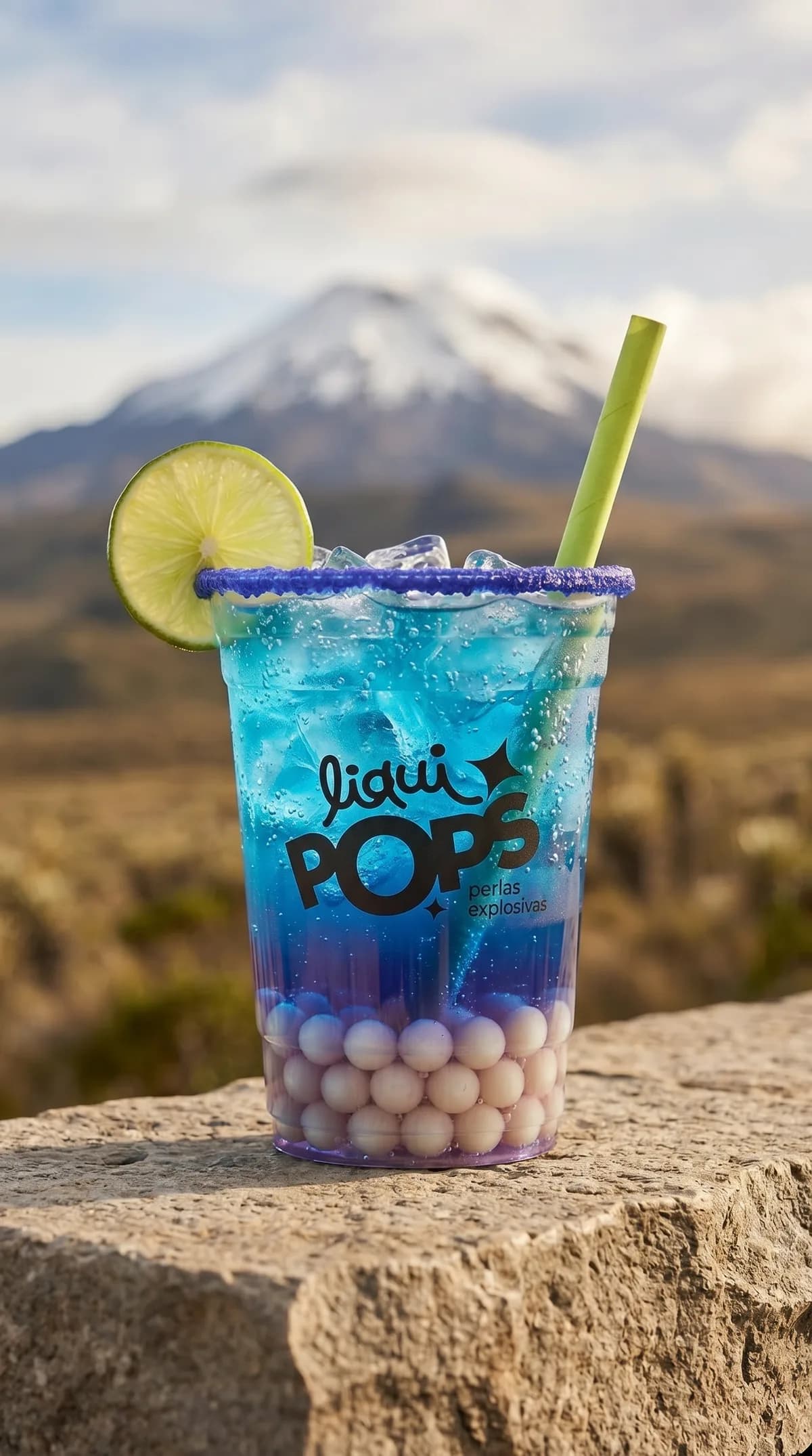 Soda loca azul con perlas explosivas de litchi LiquiPops y borde morado escarchado, con una montaña nevada de fondo