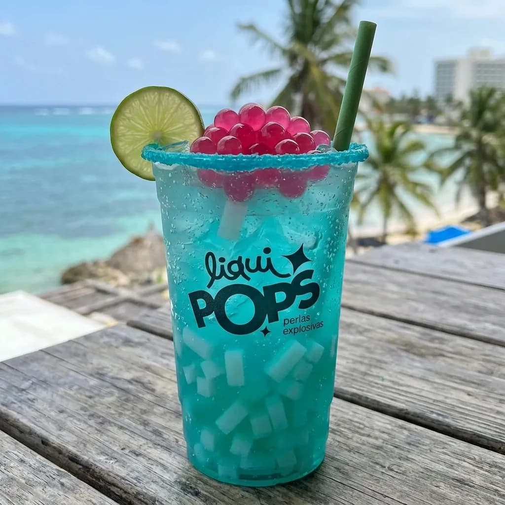 Soda loca azul con perlas explosivas de fresa y cubos de coco LiquiPops y rodaja de limon, junto al mar caribe