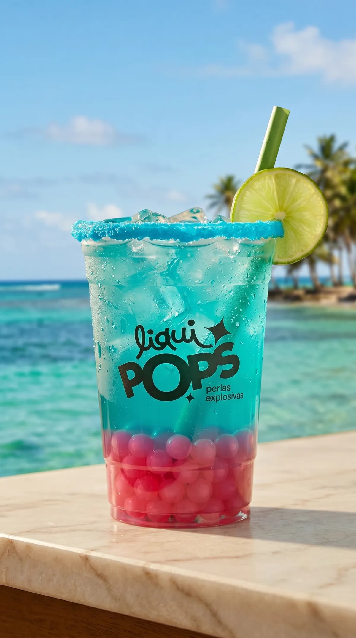 Soda loca azul con perlas explosivas rosadas LiquiPops y escarchado azul, frente a playa caribeña