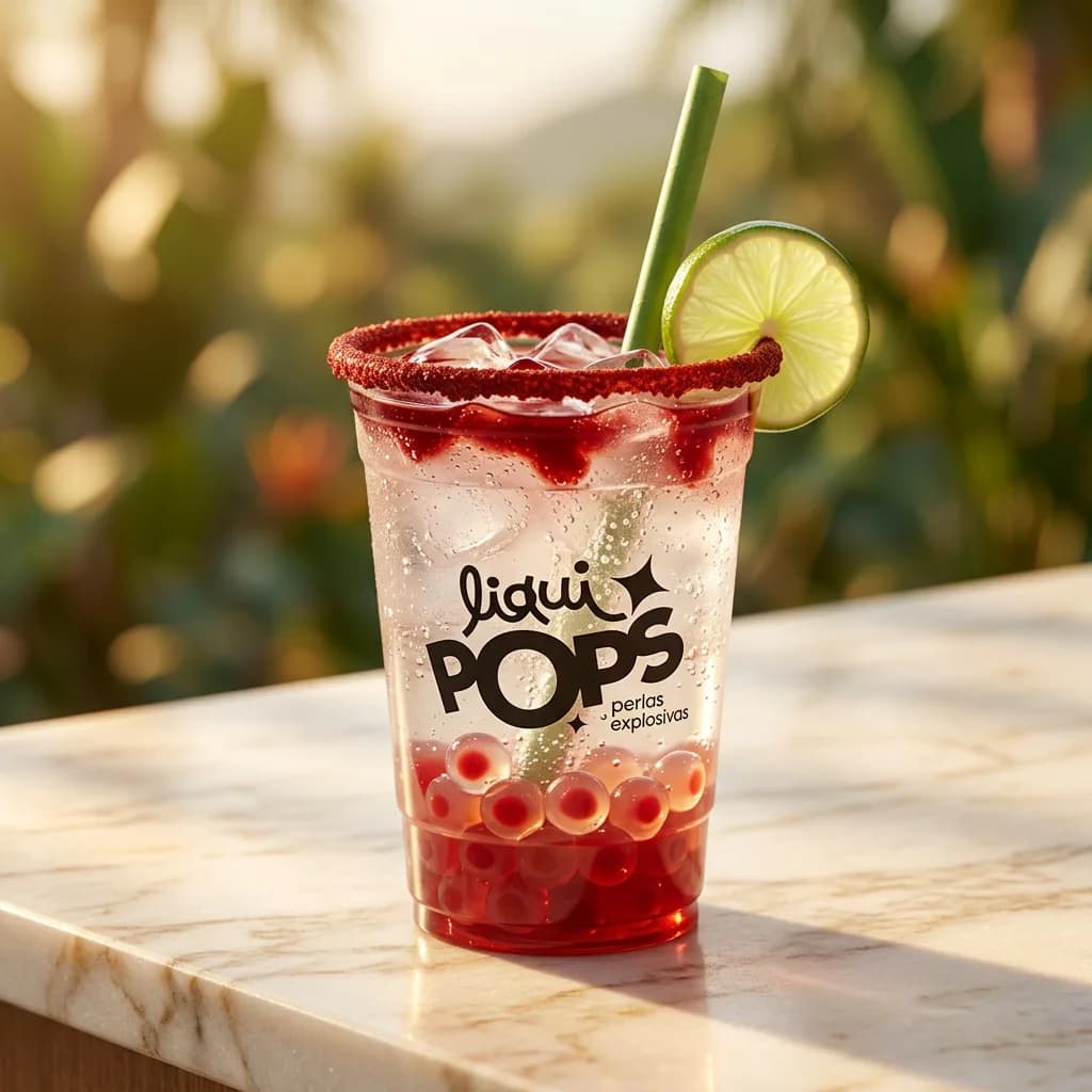 Soda loca clara con sirope de cereza y perlas explosivas LiquiPops rojas, escarchada con chile y limon