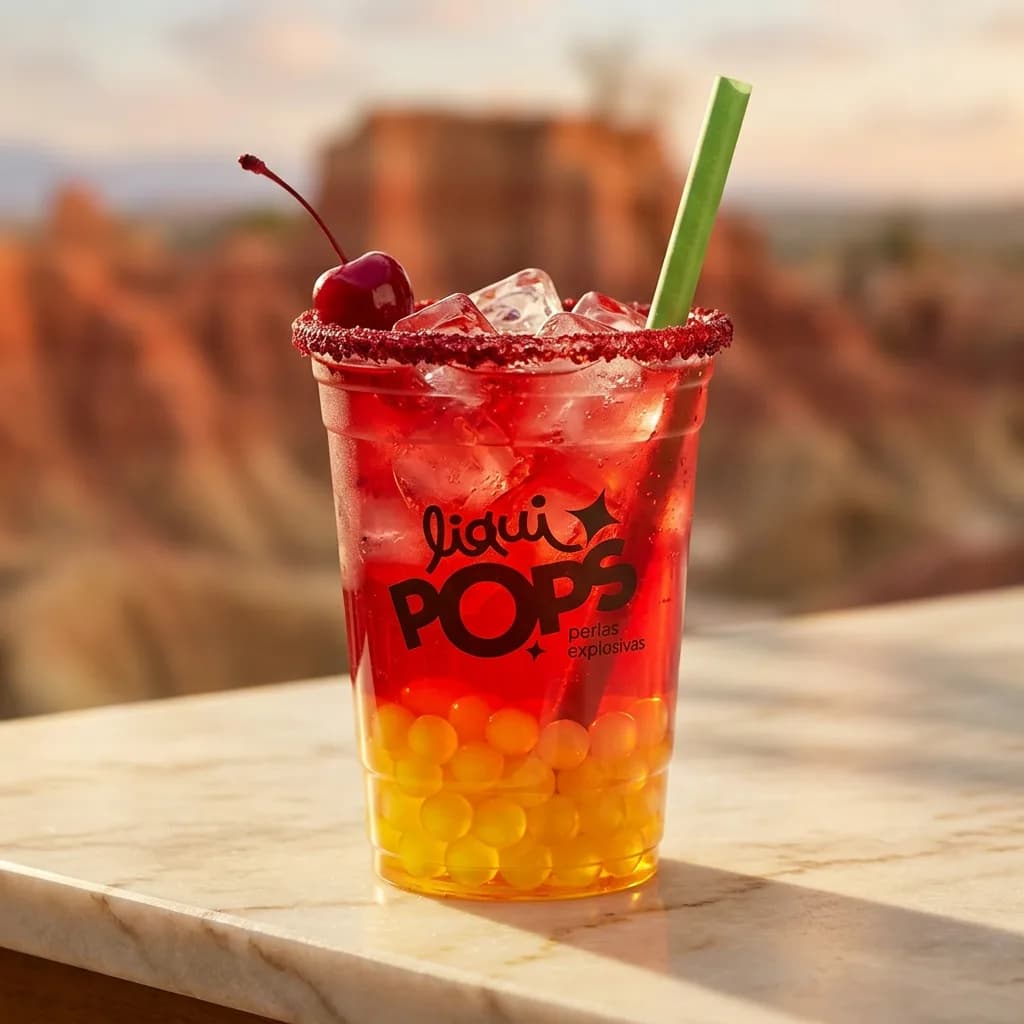 Soda loca bicolor de cereza y mango con perlas explosivas amarillas LiquiPops, escarchado rojo y cereza con paisaje desertico