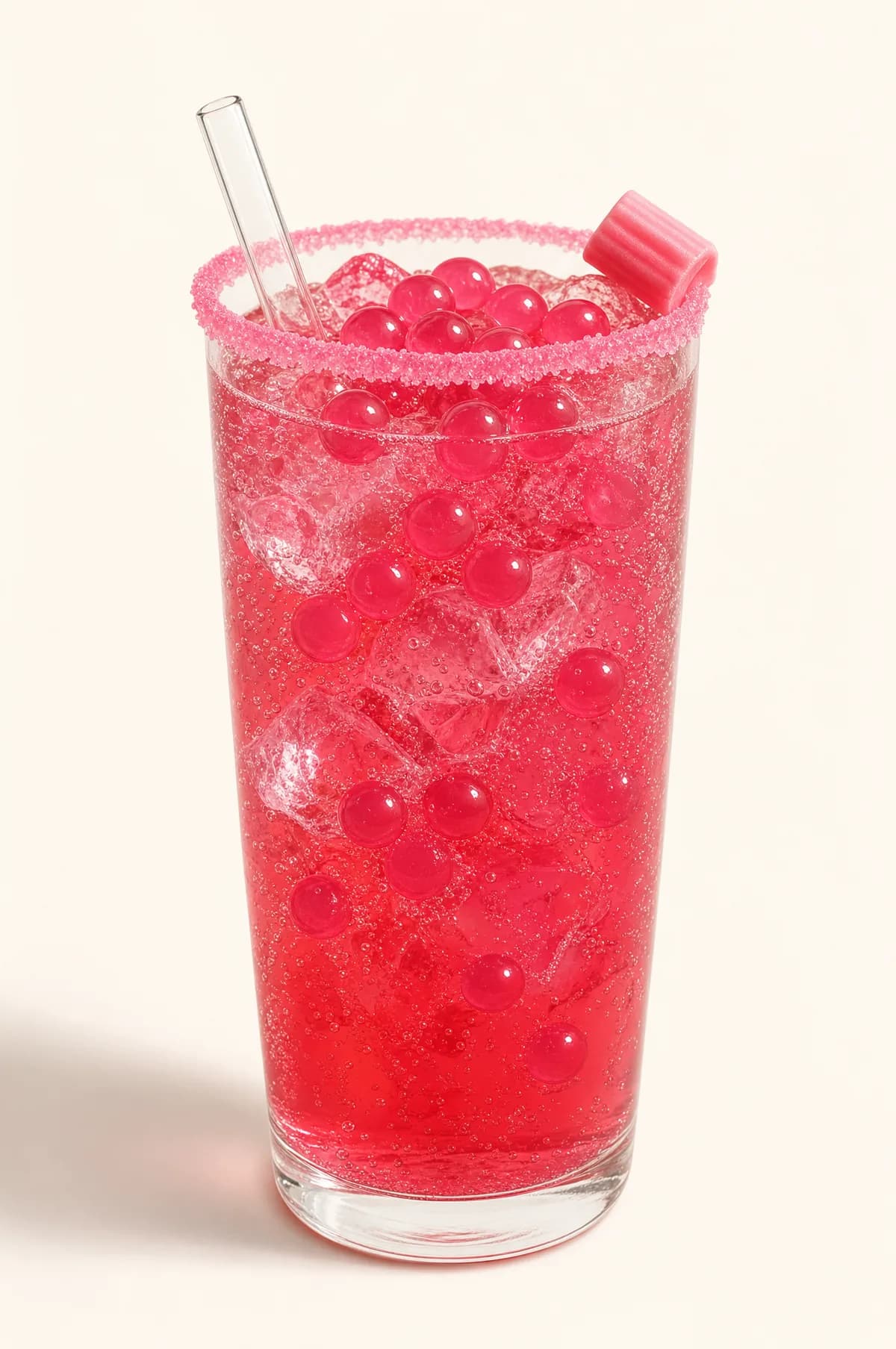 Soda rosada con hielo y perlas explosivas LiquiPops sabor cereza — vaso escarchado con pitillo de vidrio