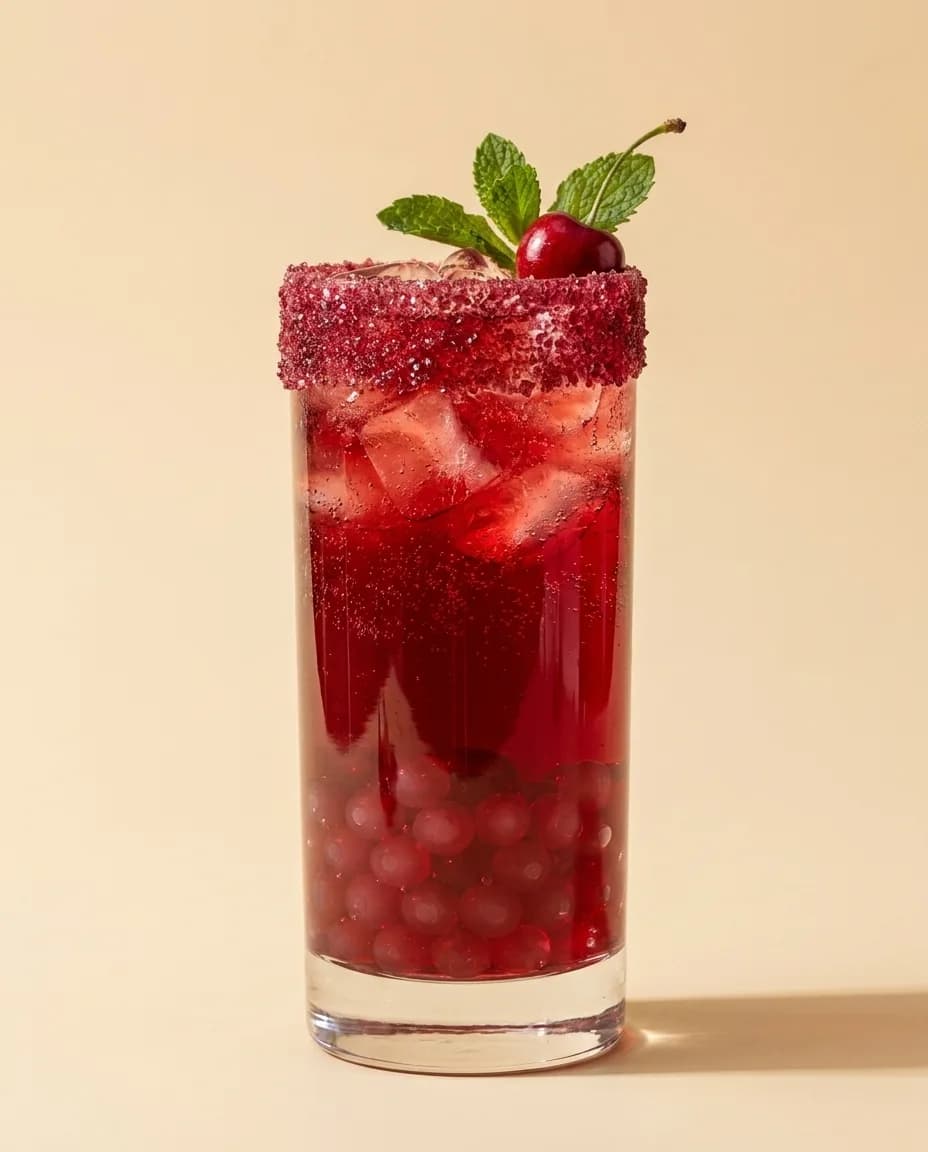 Soda de cereza con perlas explosivas rojas LiquiPops, borde escarchado rojo, cereza y hierbabuena, sobre fondo neutro