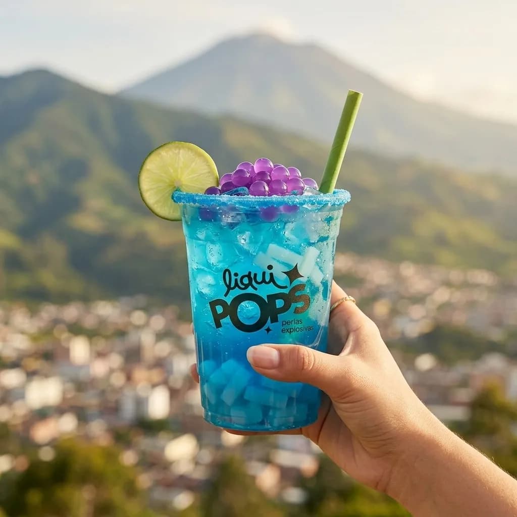 Soda loca azul con perlas explosivas moradas LiquiPops y jelly — vaso escarchado frente a un volcán y la ciudad