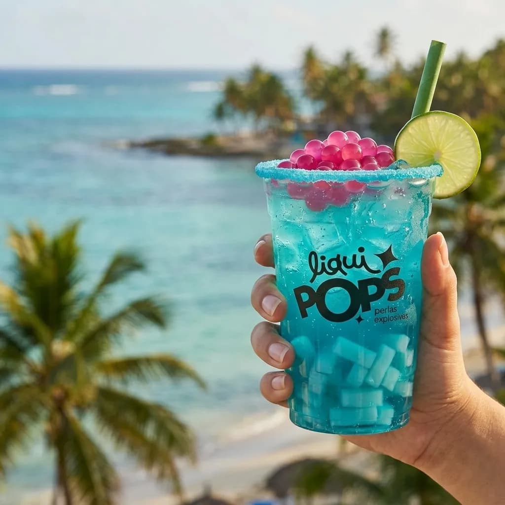 Soda loca azul tropical con perlas explosivas rosadas LiquiPops y jelly — vaso frente al mar caribe y palmeras