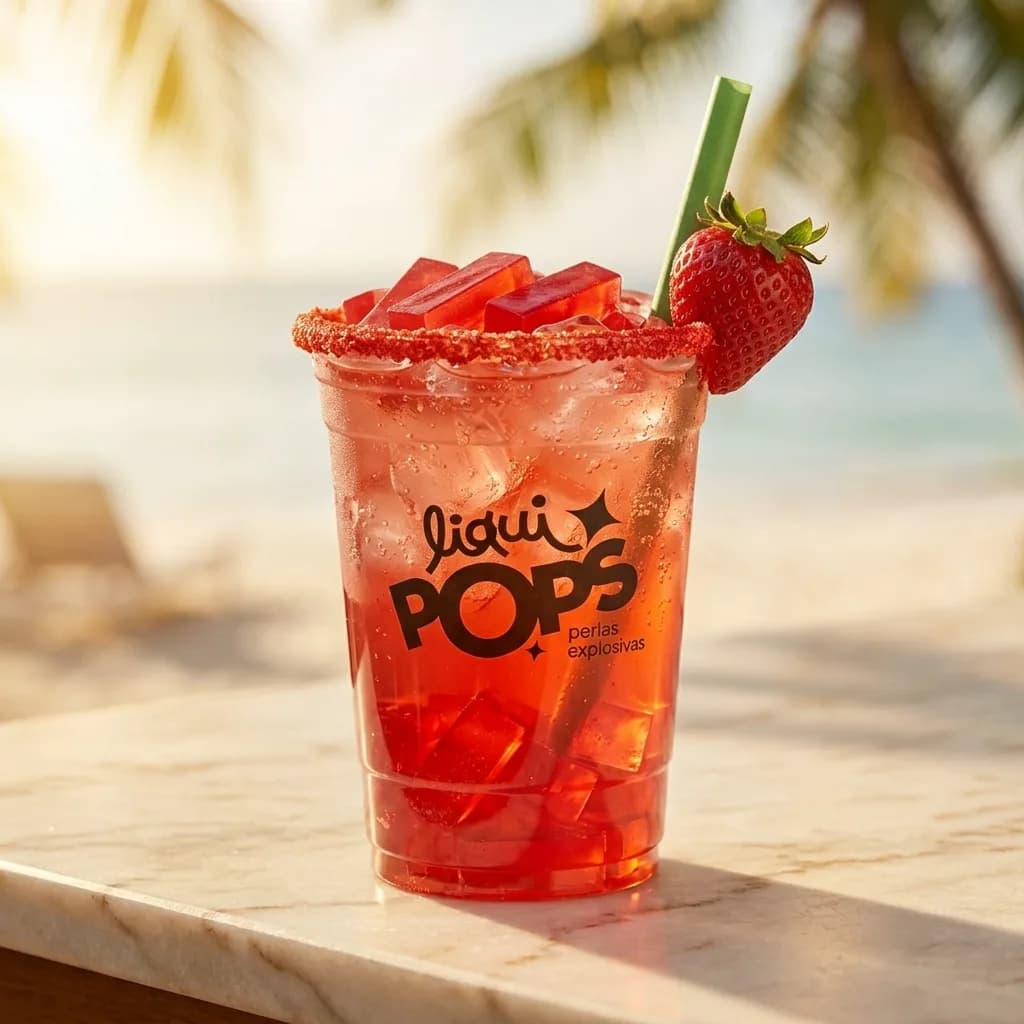 Soda loca de fresa con jellys rojos y perlas explosivas LiquiPops, escarchado rojo y fresa fresca en la playa